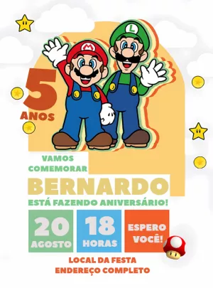 Convite de Aniversário Super Mario e Luigi para Editar Online