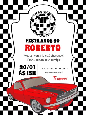 Convite Aniversário Anos 60 com Carro Clássico para Editar