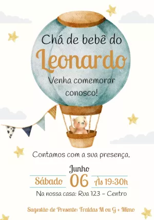Convite Chá de Bebê Ursinho Baloeiro para Editar Online