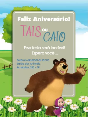 Convite Aniversário Masha e o Urso com Personagens para Editar
