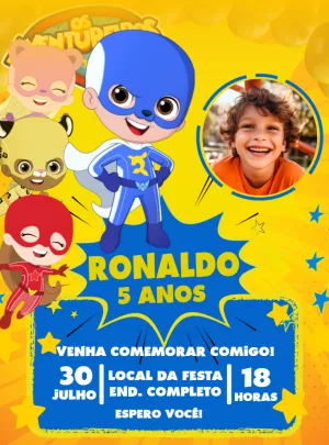 Convite de Aniversário Os Aventureiros com Foto para Editar