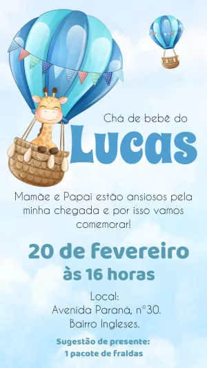 Convite Chá de Bebê Girafinha no Balão para Editar Online