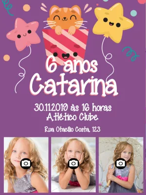 Convite Aniversário Gatinhos com Foto para Editar Online