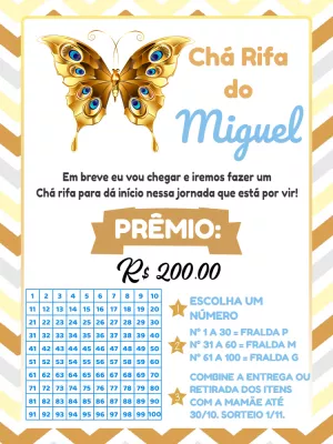 Convite Chá Rifa Menino Borboleta Dourada para Editar