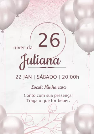 Convite Aniversário Rosê com Balões para Editar Online