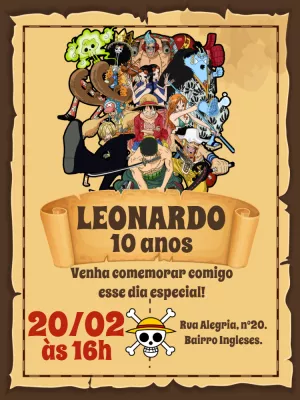 Convite de Aniversário One Piece com Personagens para Editar