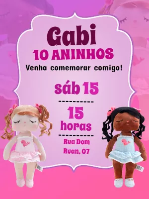 Convite de Aniversário Tema Bonecas para Editar Online