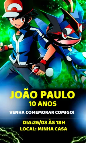 Convite de Aniversário Pokémon com Ash e Greninja para Editar