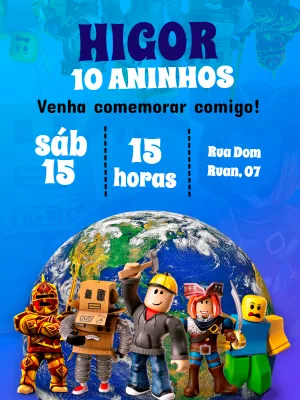 Convite de Aniversário Roblox com Personagens para Editar Online