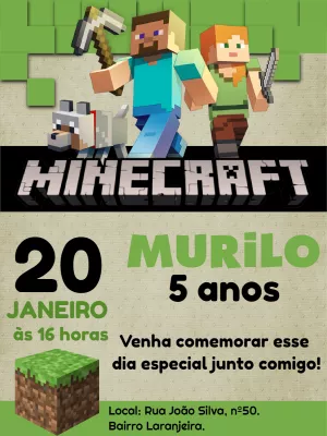 Convite Aniversário Minecraft com Personagens para Editar Online