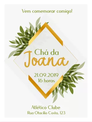Convite Chá de Panela Folhas e Dourado para Editar Online