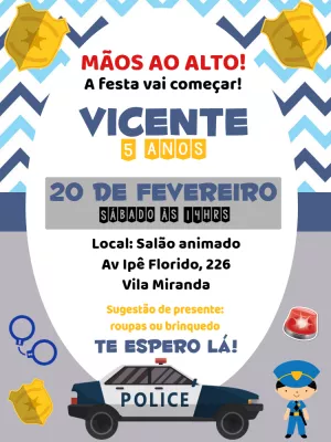 Convite de Aniversário Tema Policial para Editar Online