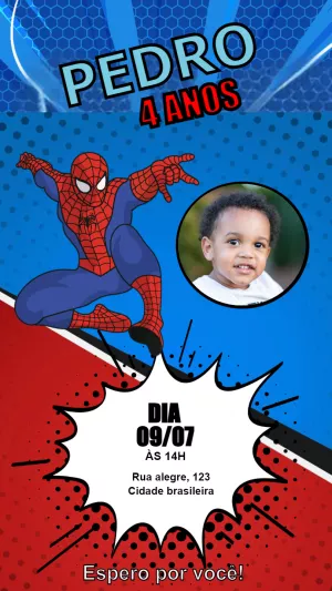 Convite Aniversário Homem-Aranha com Foto para Editar Online