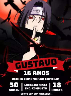 Convite de Aniversário Itachi Akatsuki para Editar Online