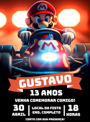 Convite de Aniversário Super Mario Kart para Editar Online