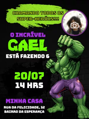 Convite Aniversário Hulk com Foto para Editar Online