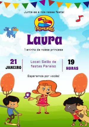 Convite de Aniversário 3 Palavrinhas com Personagens para Editar