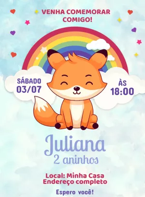 Convite Aniversário Raposinha e Arco-íris para Editar Online