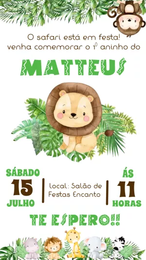 Convite Aniversário Safari com Animais Fofos para Editar Online