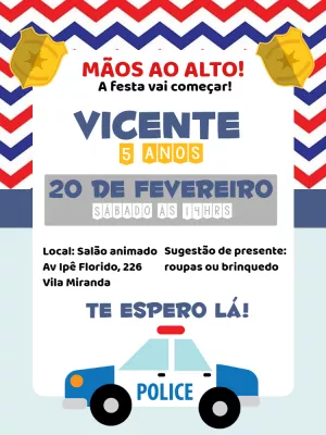 Convite de Aniversário Policial com Carro para Editar Online