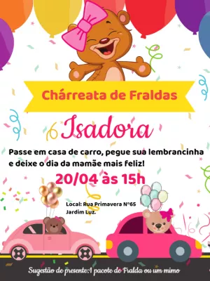 Convite Chárreata de Fraldas Ursinha no Carro para Editar