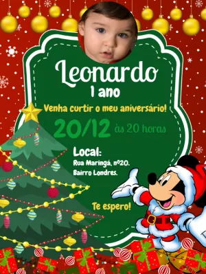 Convite Aniversário Natal do Mickey com Foto para Editar Online