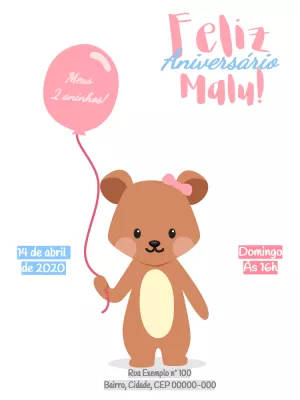 Convite Aniversário Ursinha Menina Fofa para Editar Online