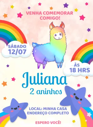 Convite Aniversário Lhama Arco-Íris para Editar Online
