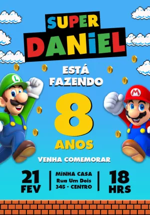 Convite de Aniversário Super Mario e Luigi Editável Online