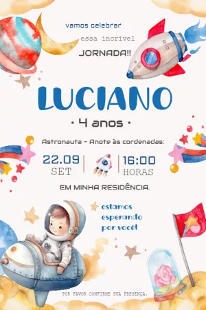 Convite de Aniversário Astronauta Aquarela para Editar Online