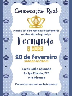 Convite Aniversário Príncipe Coroa Real para Editar Online