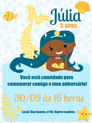 Convite de Aniversário Sereia Negra para Editar Online