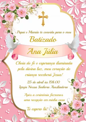 Convite Batizado Menina Floral Rosa e Dourado para Editar