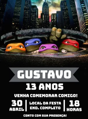 Convite de Aniversário Tartarugas Ninja com Personagens para Editar