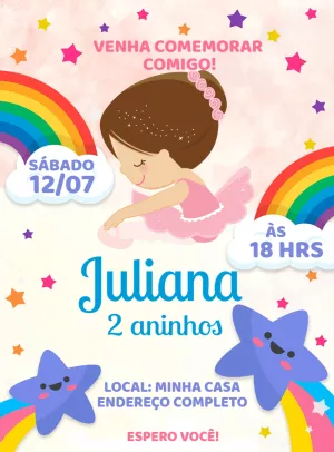 Convite Aniversário Bailarina com Arco-íris para Editar Online
