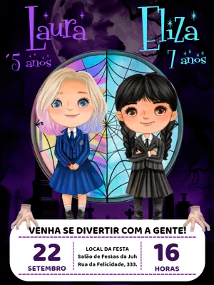 Convite Aniversário Duplo Wandinha e Enid para Editar Online