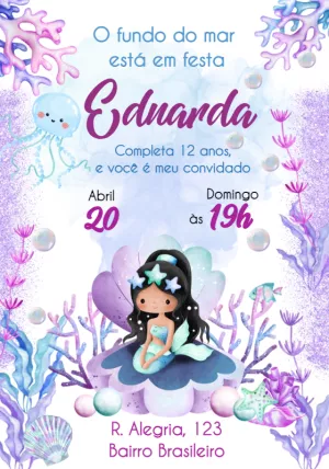 Convite de Aniversário Sereia Fundo do Mar para Editar Online