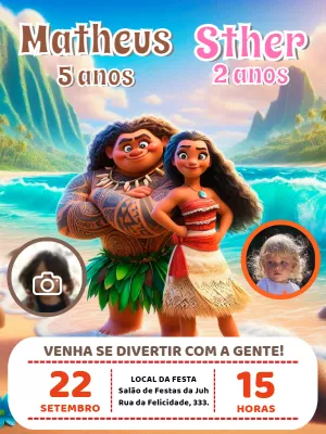 Convite Aniversário Duplo Moana e Maui com Foto para Editar