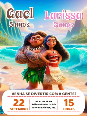 Convite Aniversário Duplo Moana e Maui para Editar Online