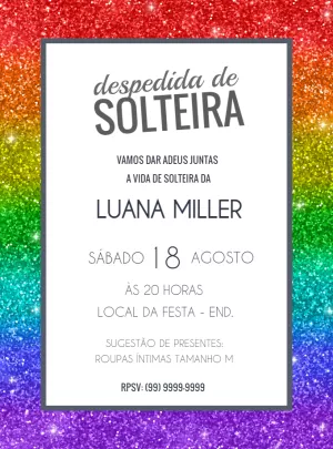 Convite Despedida de Solteira Arco-íris Glitter para Editar