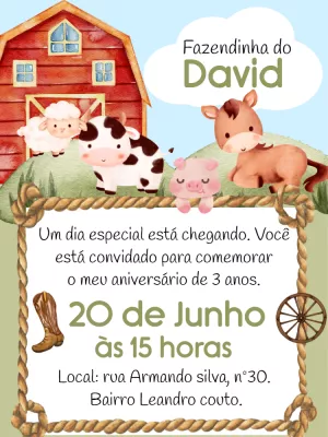 Convite Aniversário Fazendinha com Bichinhos para Editar Online