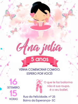Convite de Aniversário Bailarina para Editar e Imprimir