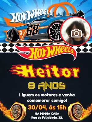 Convite Aniversário Hot Wheels com Foto para Editar Online