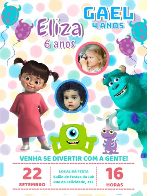 Convite Aniversário Duplo Monstros S.A. com Foto para Editar