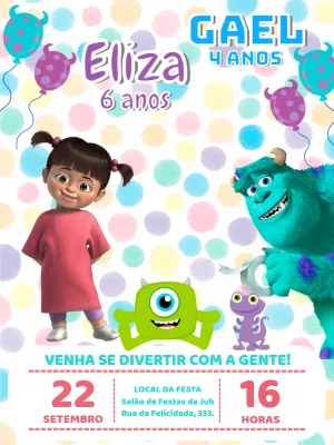 Convite Aniversário Duplo Monstros S.A. para Editar Online