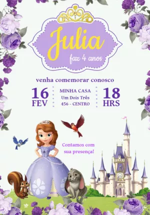 Convite Aniversário Princesa Sofia com Personagens para Editar