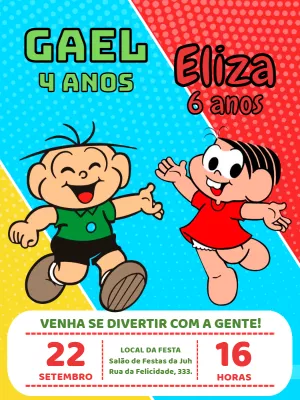 Convite Aniversário Duplo Turma da Mônica para Editar Online