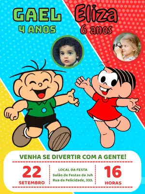 Convite Aniversário Duplo Turma da Mônica com Foto para Editar