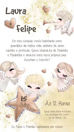 Convite para Padrinhos de Batismo Anjinhos Editável Online