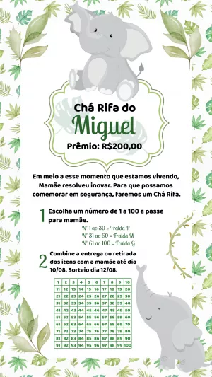 Rifa Chá de Bebê Elefantinho Verde Editável Online